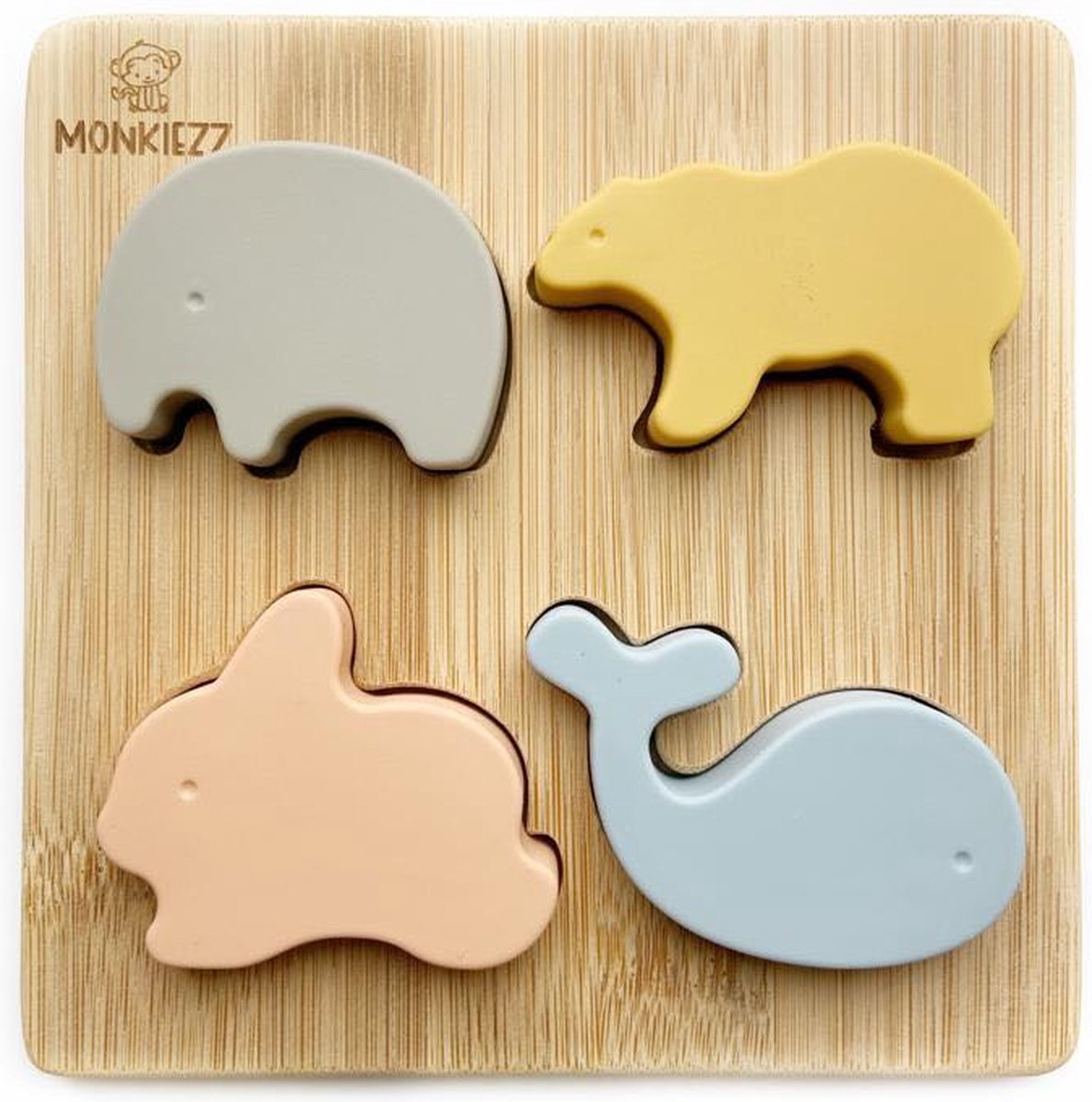 Monkiezz® houten puzzel - animal | educatief | spellen | speelgoed | silicone | olifant, ijsbeer, konijn en walvis | vormenpuzzel